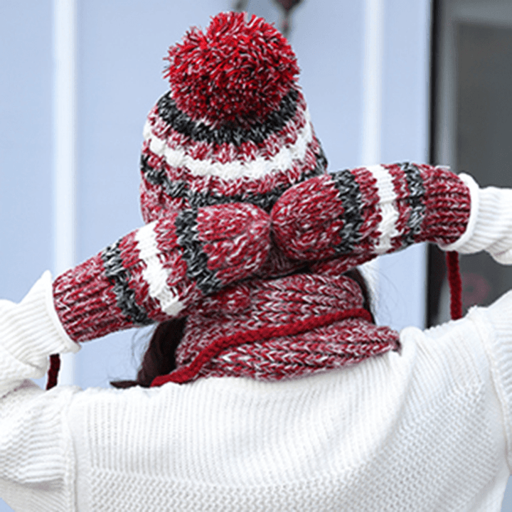 Women'S Chic Full Handmade Knitting Three-Piece Set Warm Thickened Christmas Knit Hat Scarf Gloves