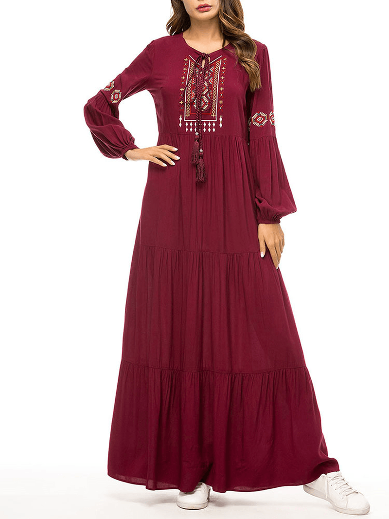 Women Pleated Robe Long Sleeve Maxi Dress