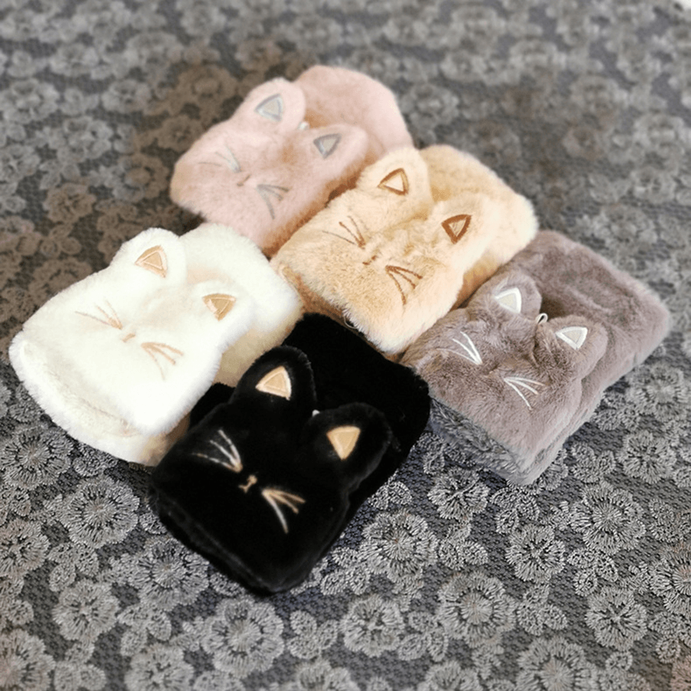 Women Plush plus Thicken Cute Cartoon Cat Pattern Keep Warm Half-Finger Gloves