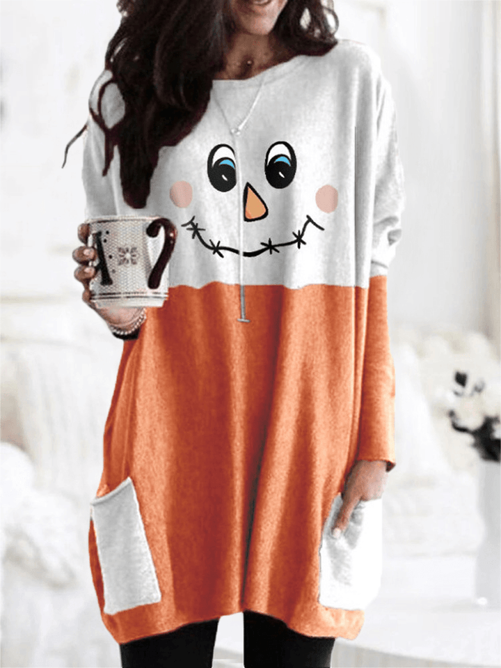 Women Halloween Patchwork Letter Printed Casual Mid-Length Sweatshirts with Pockets