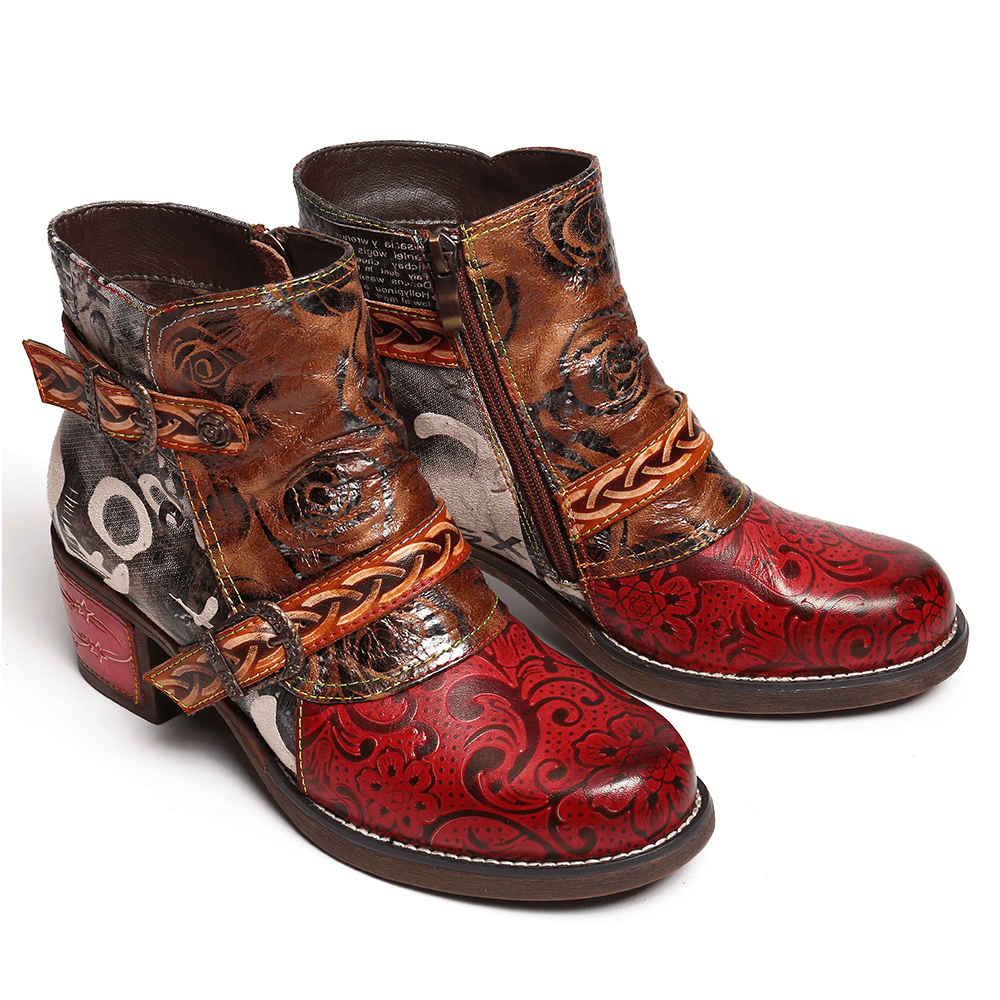 Women Embossed Rose Genuine Leather Splicing Boots