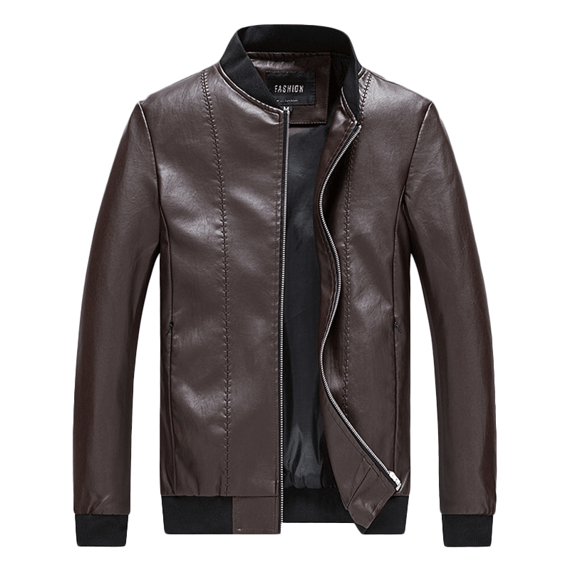 Mens Slim Baseball Collar Solid Color Faux Leather Jacket