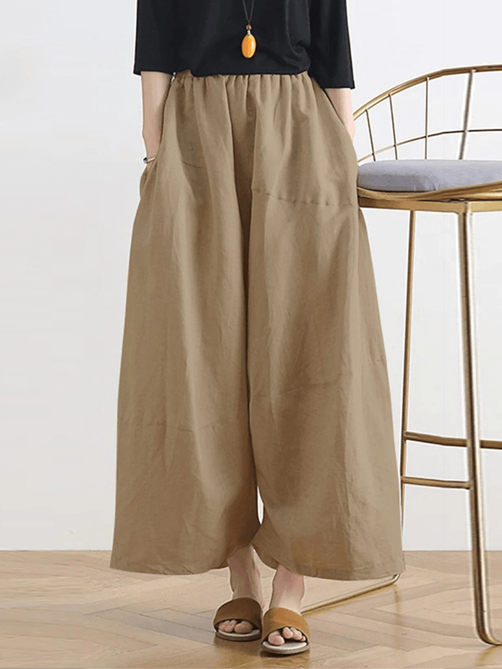 Women Solid Color Patchwork Elastic Waist Casual Wide Leg Pants with Side Pockets