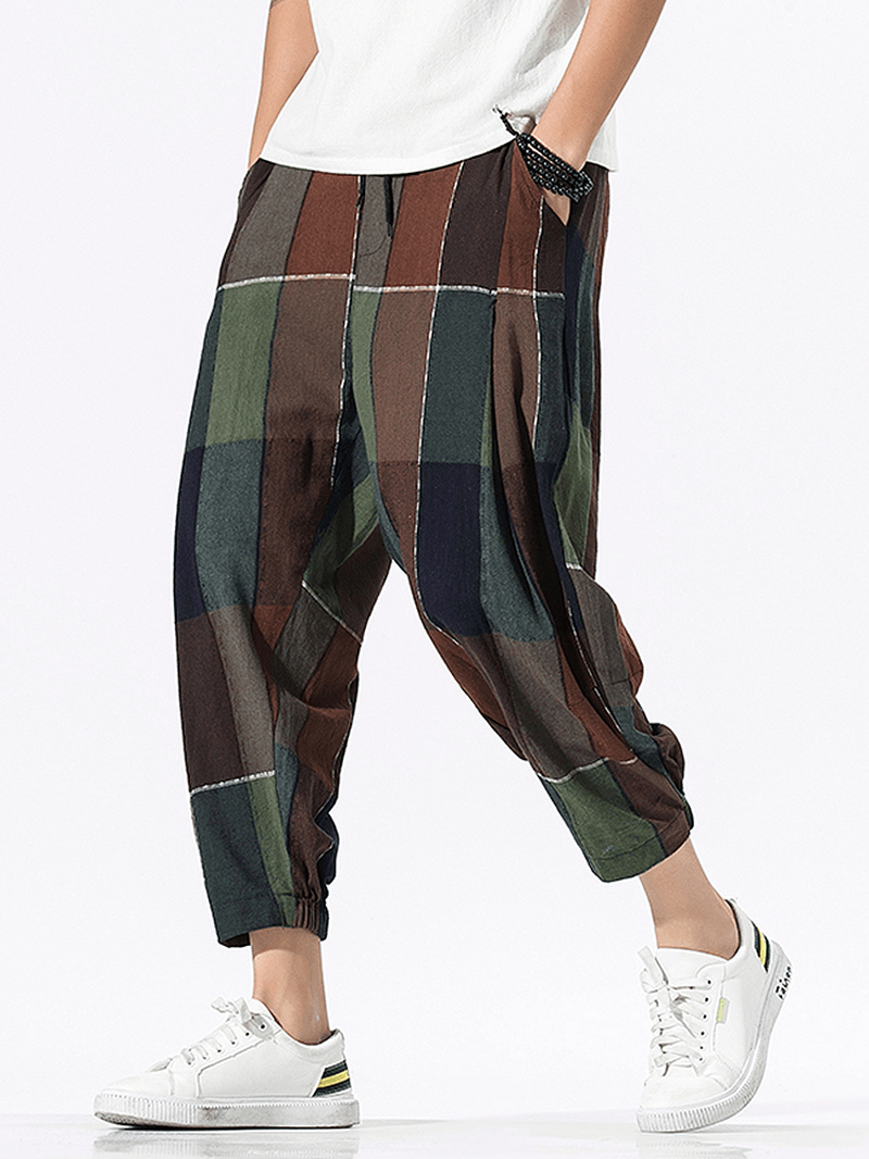 Mens 100% Cotton Plaid Drawstring Elastic Leg Casual Pants with Pocket