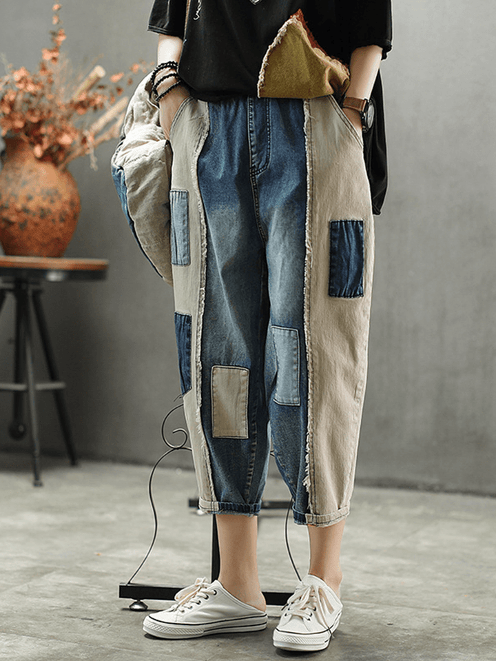 Contrast Color Patchwork Patch Casual Jeans