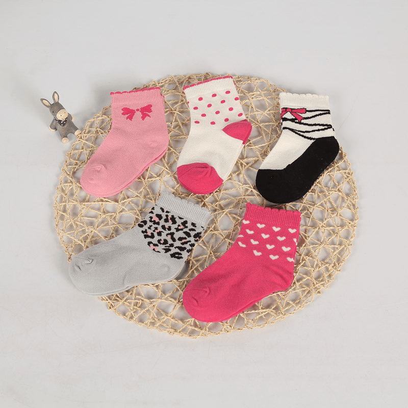 5 Pairs of Children Four Seasons Tube Socks Pink Gray Leopard Print