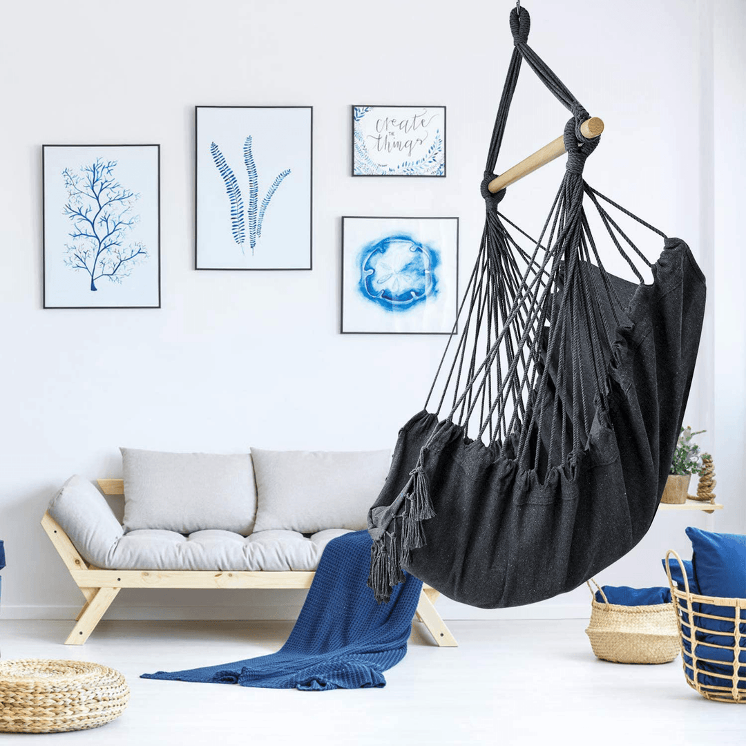 Max 330Lbs/150Kg Hammock Chair Hanging Rope Swing with 2 Cushions Included Large Tassel Hanging Chair with Pocket