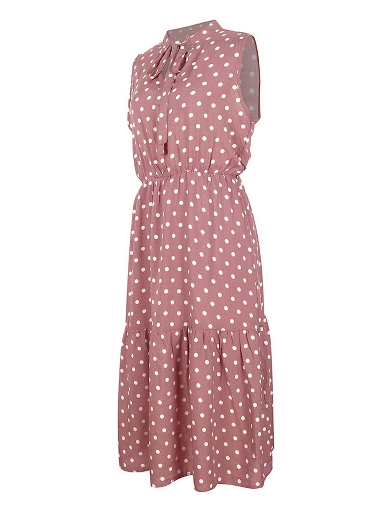 Polka Dot Print V-Neck Sleeveless Knotted Pleated Dress for Women