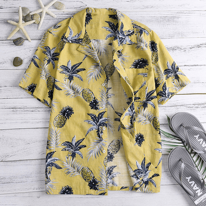 Men Tropical Plants Printed Short Sleeve Hawaiian Shirts