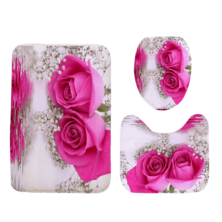 Pink Rose Waterproof Bathroom Shower Curtain Toilet Cover Bath Mat Pedestal Rug - MRSLM