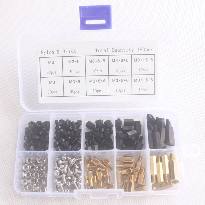 Suleve M3BN6 180Pcs M3 Nut Screw Standoff Set Nylon Stainless Steel Brass Hex Standoff Nut Screw Set Assortment Kit with Storage Box