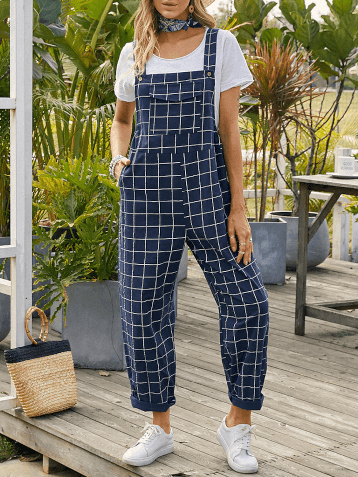 Women Grid Adjustable Strappy Sleeveless Casual Jumpsuits with Flap Pocket