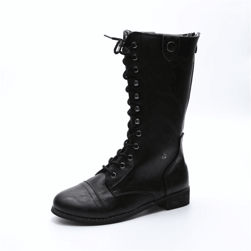 Womens Motorcycle Warm Lace up Winter Casual Mid Calf Boots - MRSLM