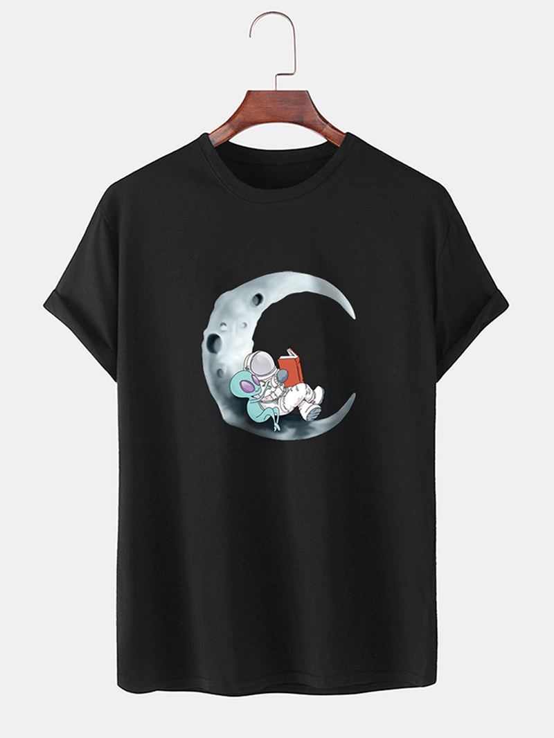 Mens 100% Cotton Moon Astronaut Print Short Sleeve Casual T-Shirts