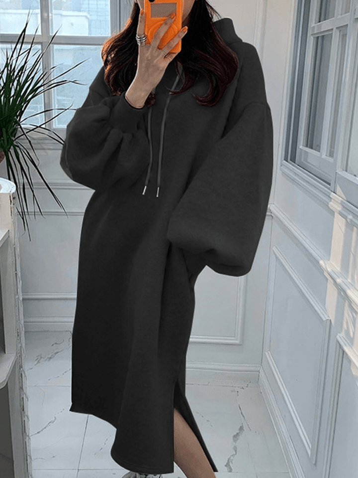 Women Puff Sleeve Solid Color Split Side Pockets Hooded Maxi Length Loose Drawstring Midi Dresses