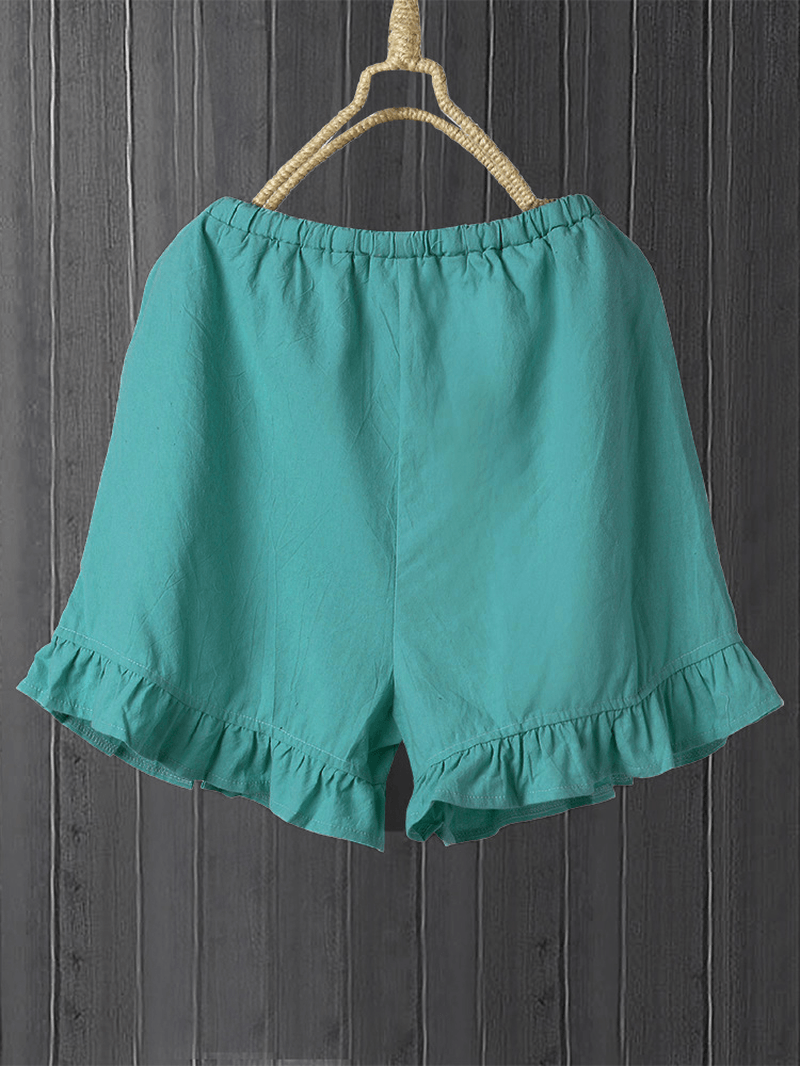 Solid Color Elastic Waist Ruffle Shorts Pants