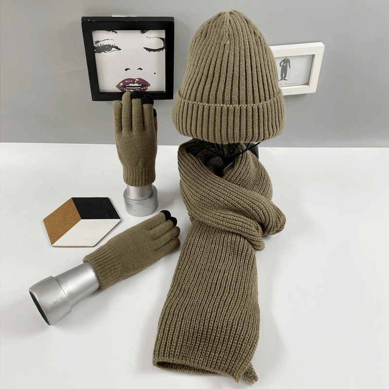 Multi-Piece Knitted Scarf Hat and Gloves Three-Piece Set