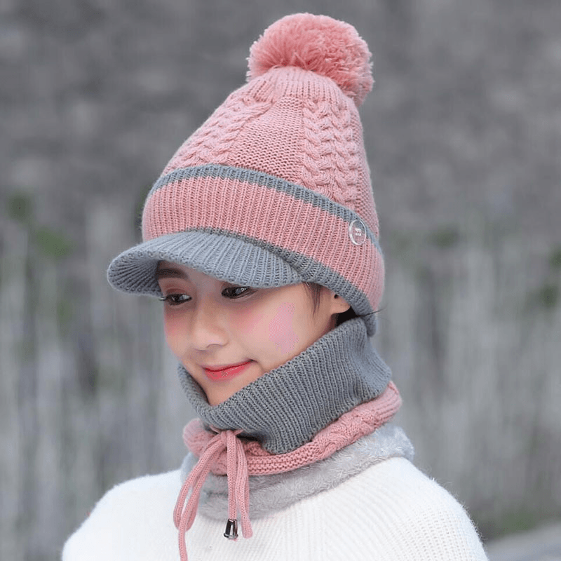 Wool Cap and Scarf Set Beanie Warm Winter Pom Wooly Cap - MRSLM