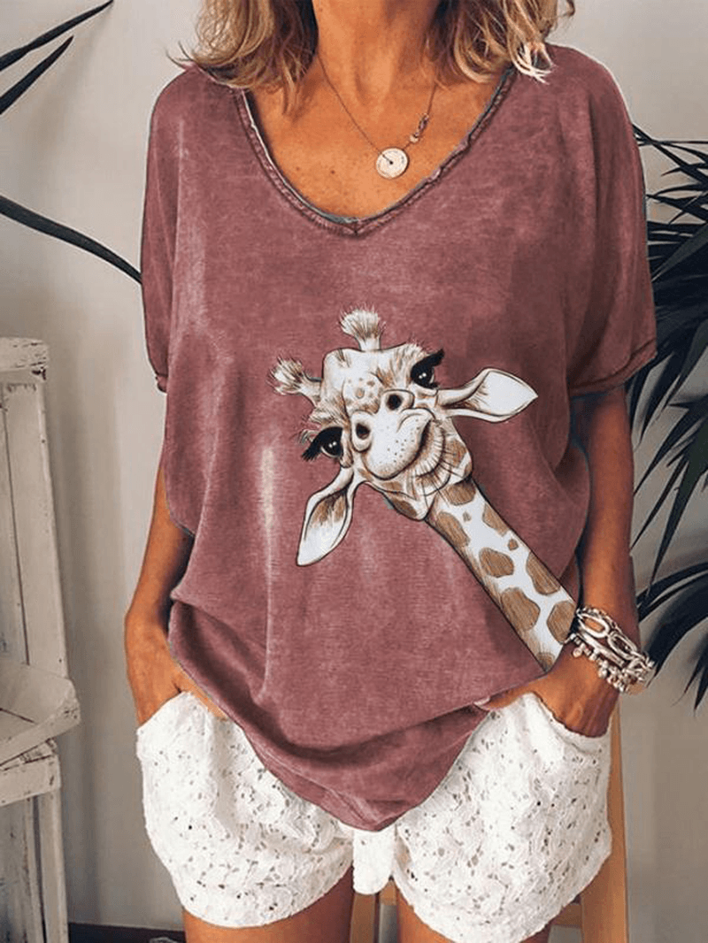 Giraffe Print V-Neck Women Casual Loose Blouse - MRSLM