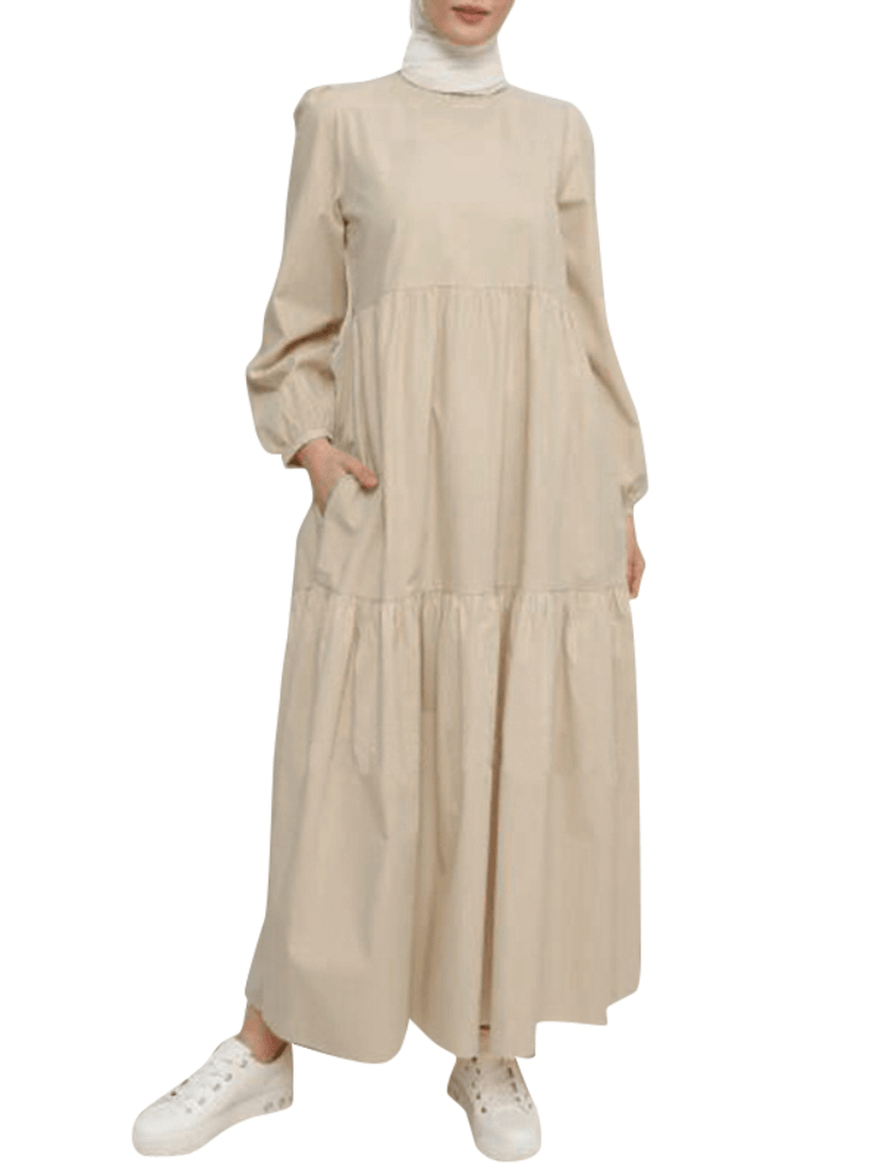 Women Solid Crew Neck Layered Back Buttons Abaya Kaftan Dress