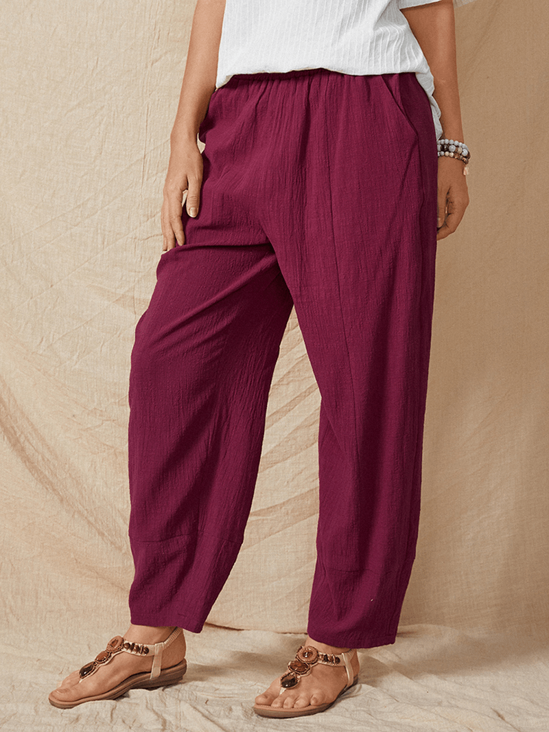 Elastic Waist Solid Color Side Pocket Cotton Casual Harem Pants for Women