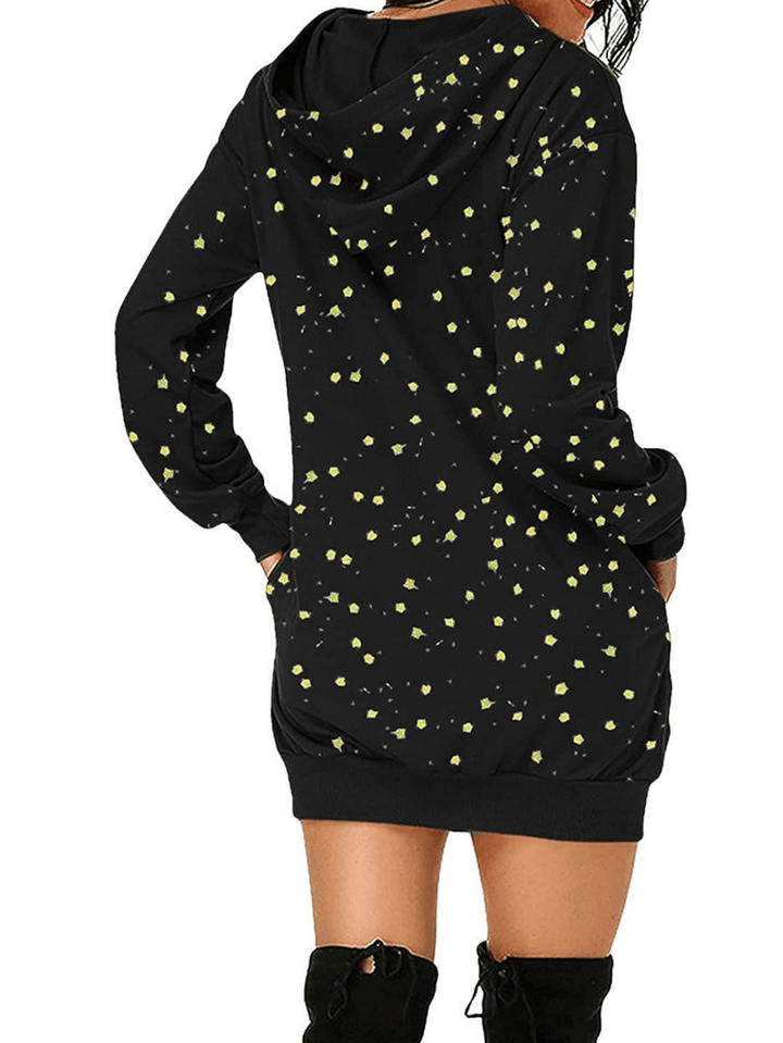 Women Christmas Cartoon Pattern Pocket Print Star Spot Long Sleeve Hooded Sweatshirt