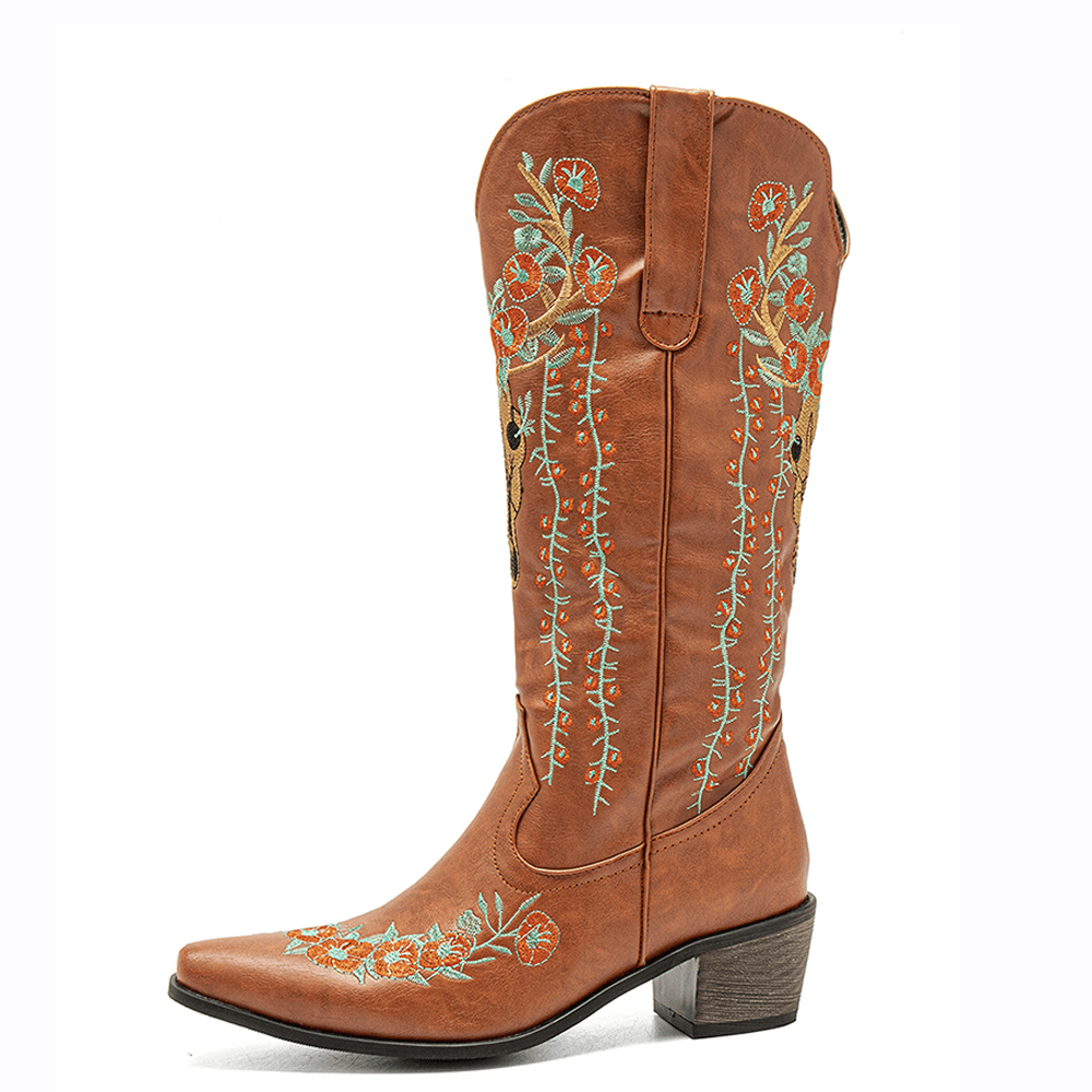 Women Retro Floral Animal Embroidery Leather Pointy-Toe V-Cut Chunky Heel Mid-Calf Knight Boots