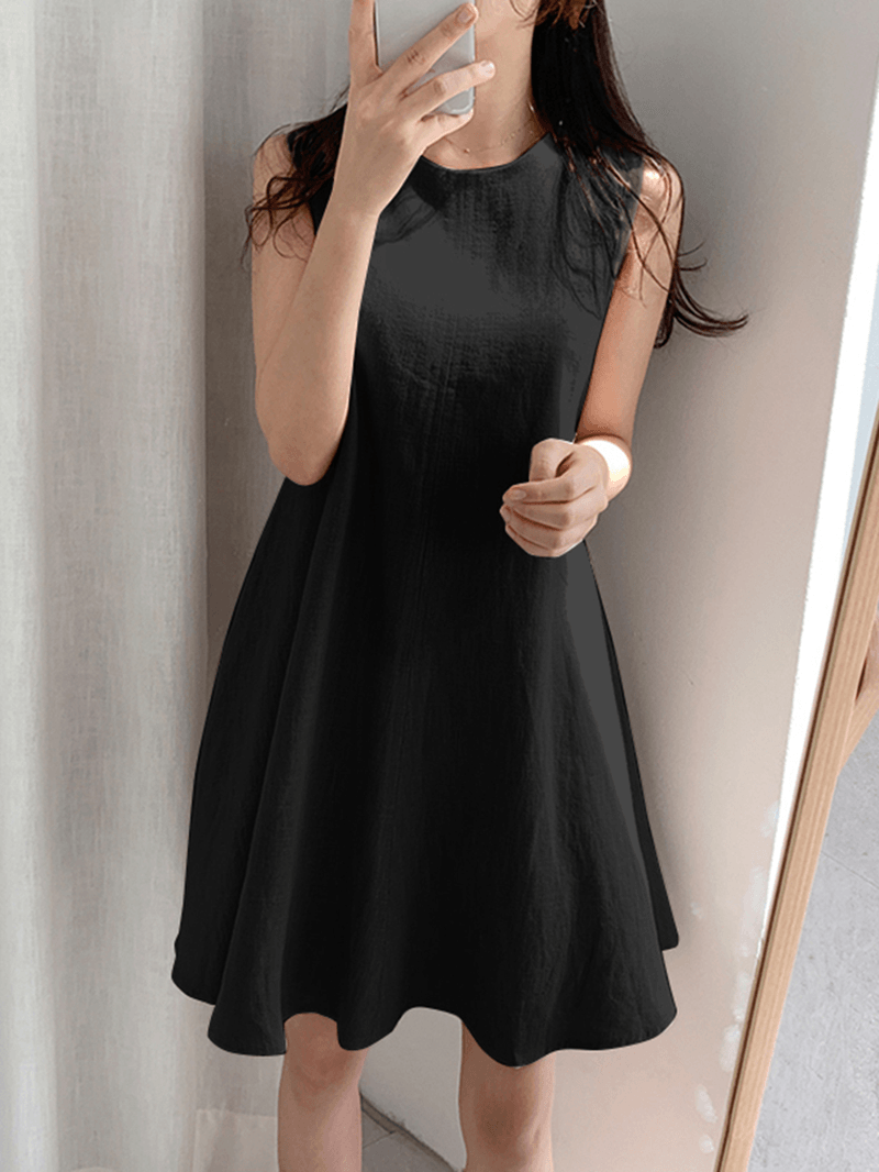 Women Cotton Solid Color round Neck Sleeveless Casual Midi Dress