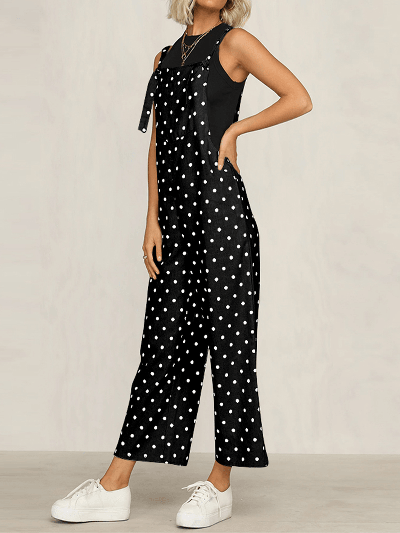 Casual Polka Dot Adjustable Strap Loose Wide Leg Jumpsuit with Pockets