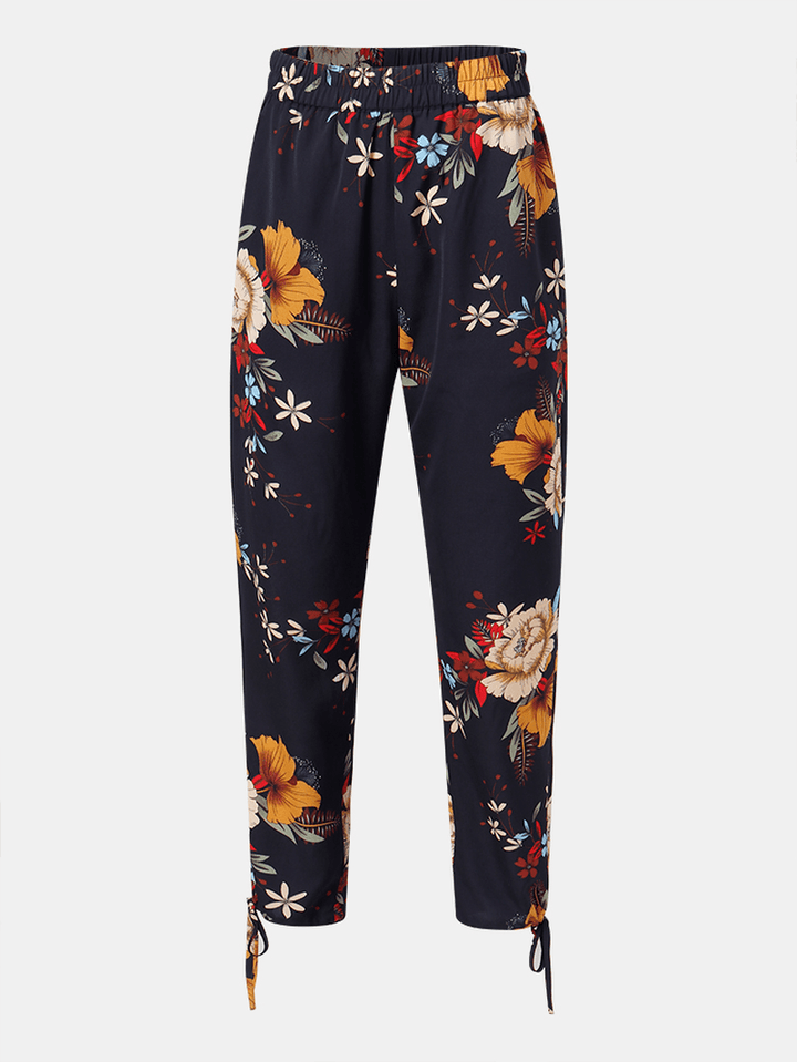 Women Floral Print Bohemian Tie Cuff Pants with Pocket