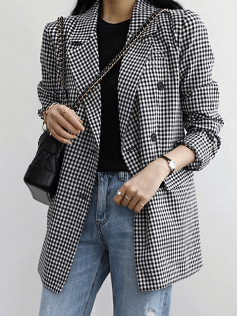 Women Plaid Casual Full Sleeve Knee Length Retro Business Unlined Suits