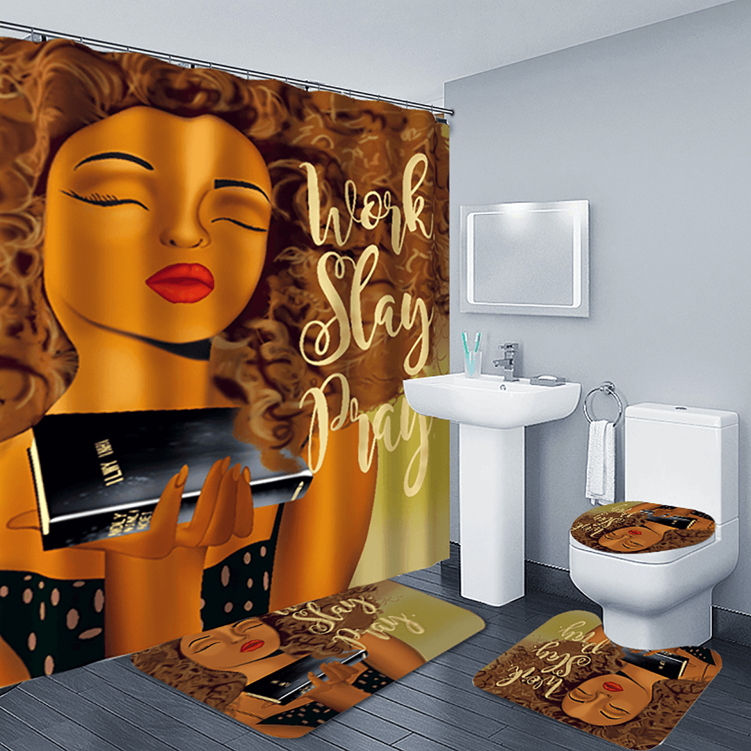 Shower Curtain Bathing Bath Mat Lid Toilet Cover Rugs Set Decor