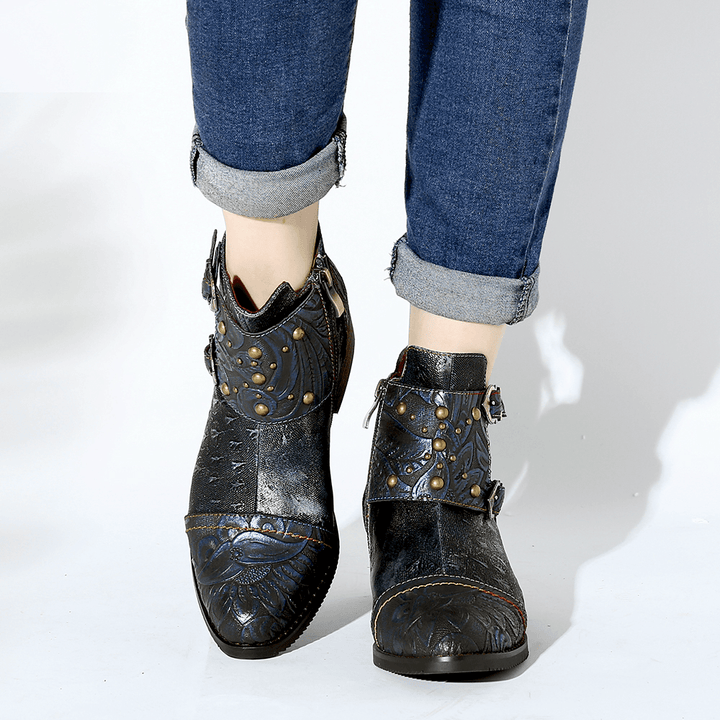 Women Splicing Rivet Buckle Handsome Ankle Boots