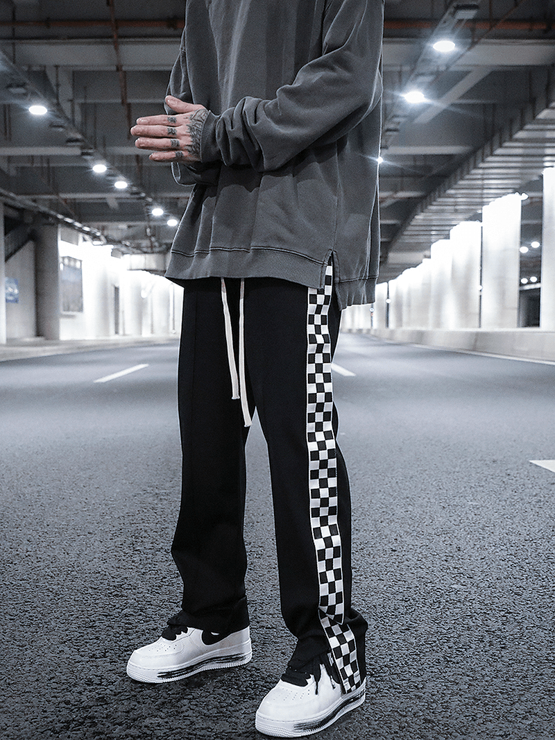 Checkerboard Side Split Straight Leg Sweatpants Hip-Hop Drop Feeling Stacked Drawstring Casual Pants Men