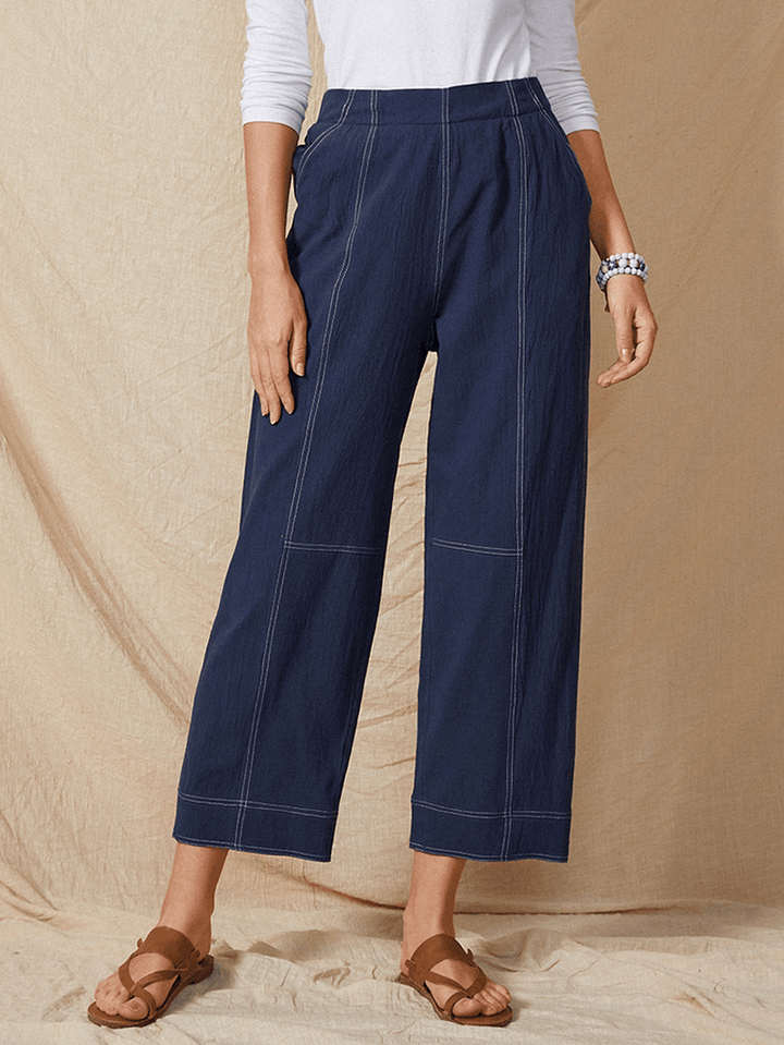 Solid Color Elastic Waist Casual Cotton Straight Leg Loose Women Pants