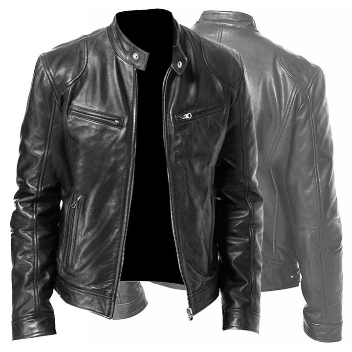 Men'S Zip Cardigan PU Leather Jacket with Stand Collar