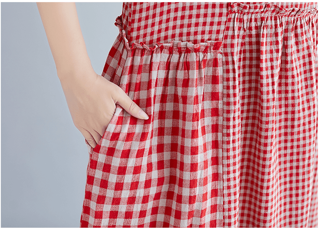 Vintage Cotton Linen Plaid Loose Dress