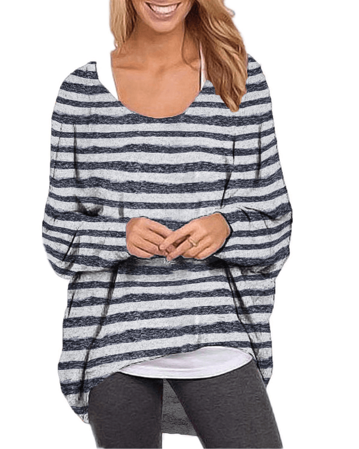 Women Long Sleeve O-Neck Stripe Baggy High Low Hem Casual Blouse