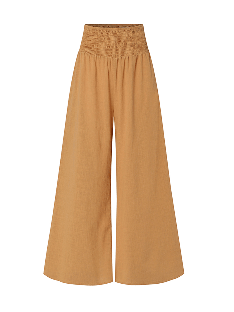 Women Solid Color High Elastic Waist Wide Leg Cotton Casual Pants with Pocket