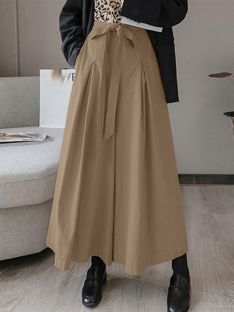 Women Solid Color Tie Front Casual Wide Leg Pants with Pocket - MRSLM