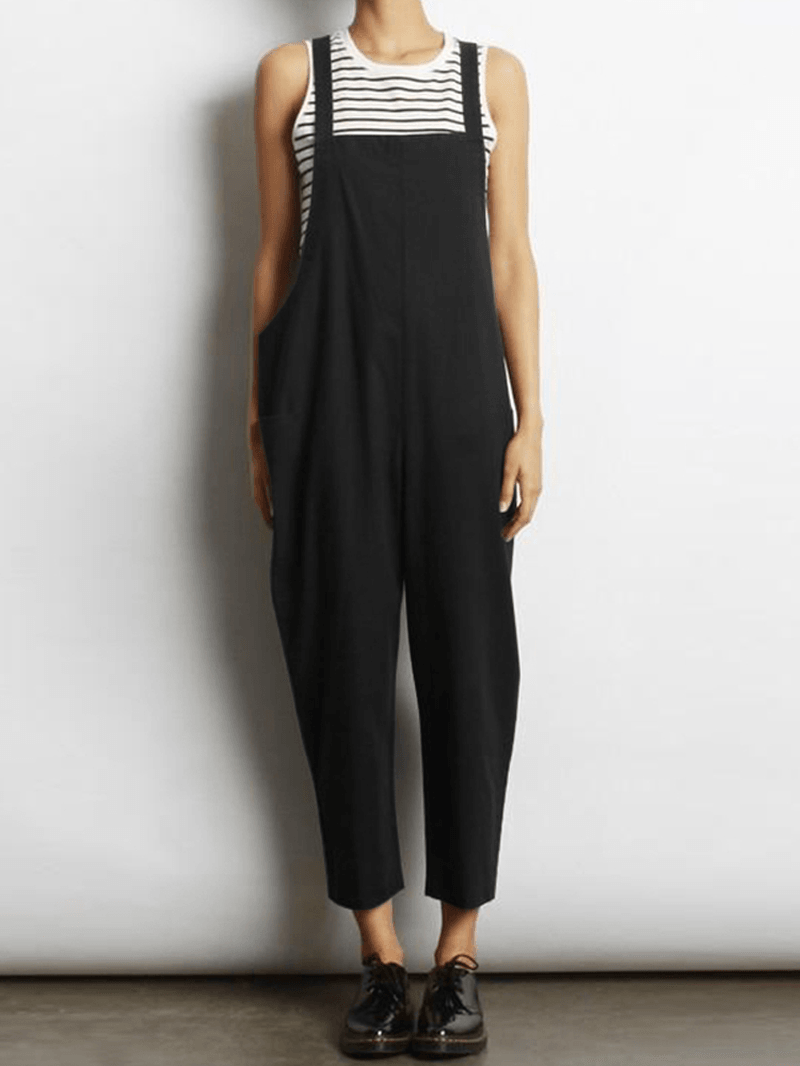 Women Sleeveless Cross Back Overalls Jumpsuit with Pockets