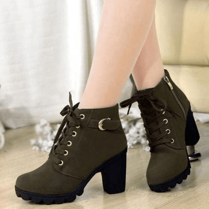 Women Girl High Top Heel Ankle Boots Winter Pumps Lace up Buckle Suede Shoes