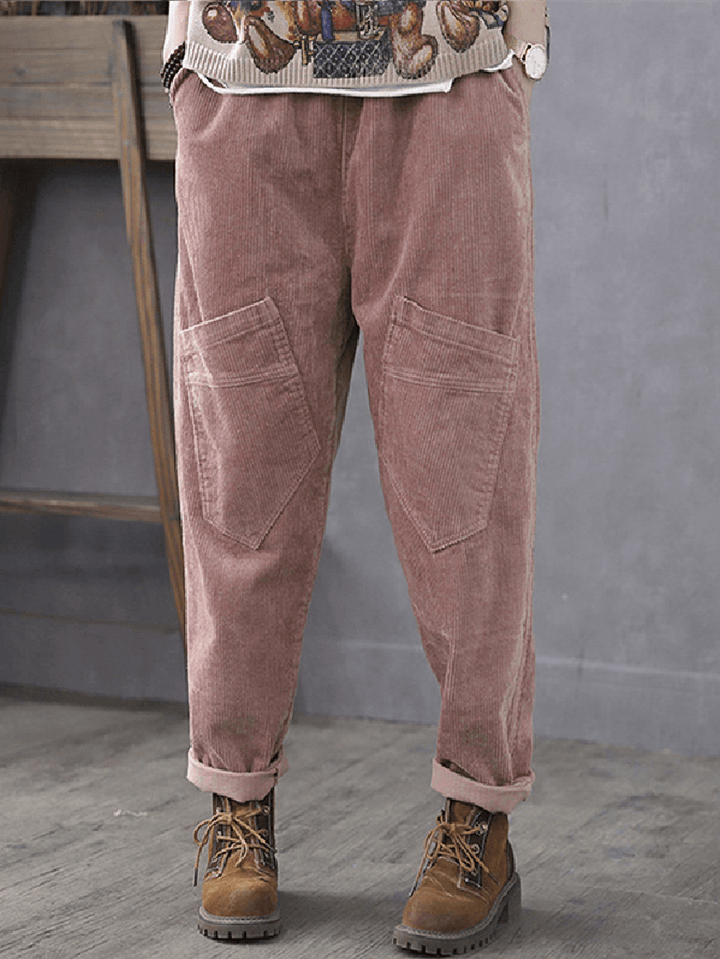 Women Corduroy Cargo Style Elastic Waist Pants with Multi Pocket