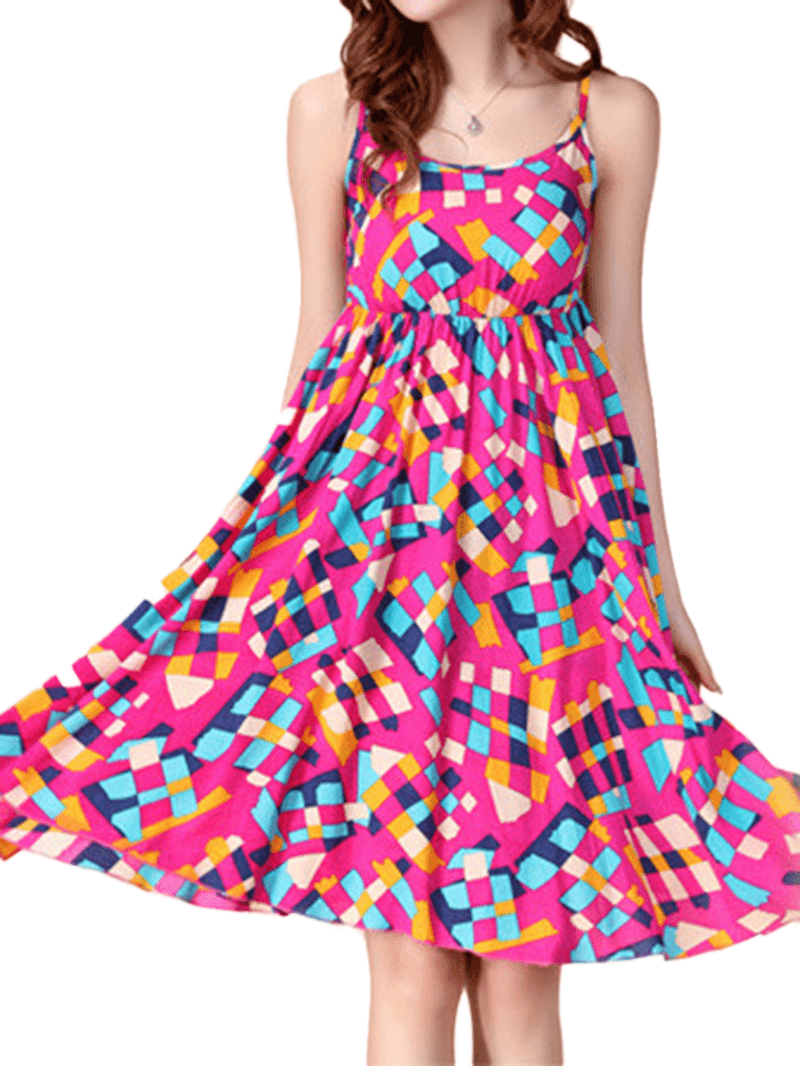 Bohemian Women Strap Flower Pattern Printing Beach A-Line Dress - MRSLM