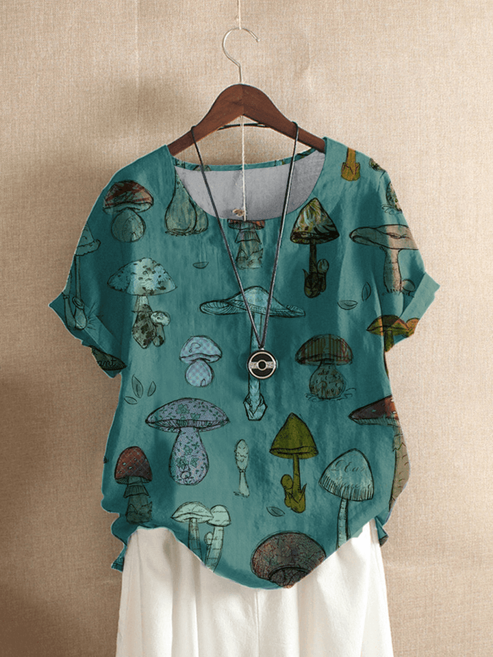 Cartoon Mushroom Short Sleeve O-Neck Button Casual T-Shirt for Women