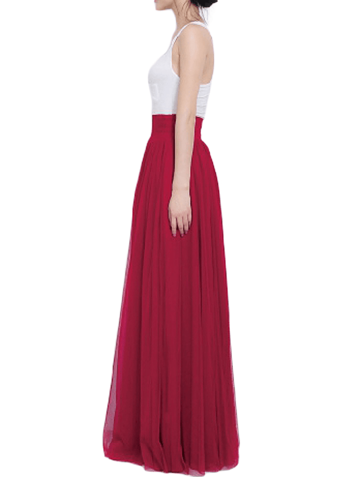 Solid Color Mesh Tulle Pleated Maxi Skirt