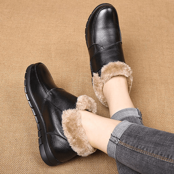 Genuine Leather Cotton Shoes Casual Slip on Fur Lining Boots