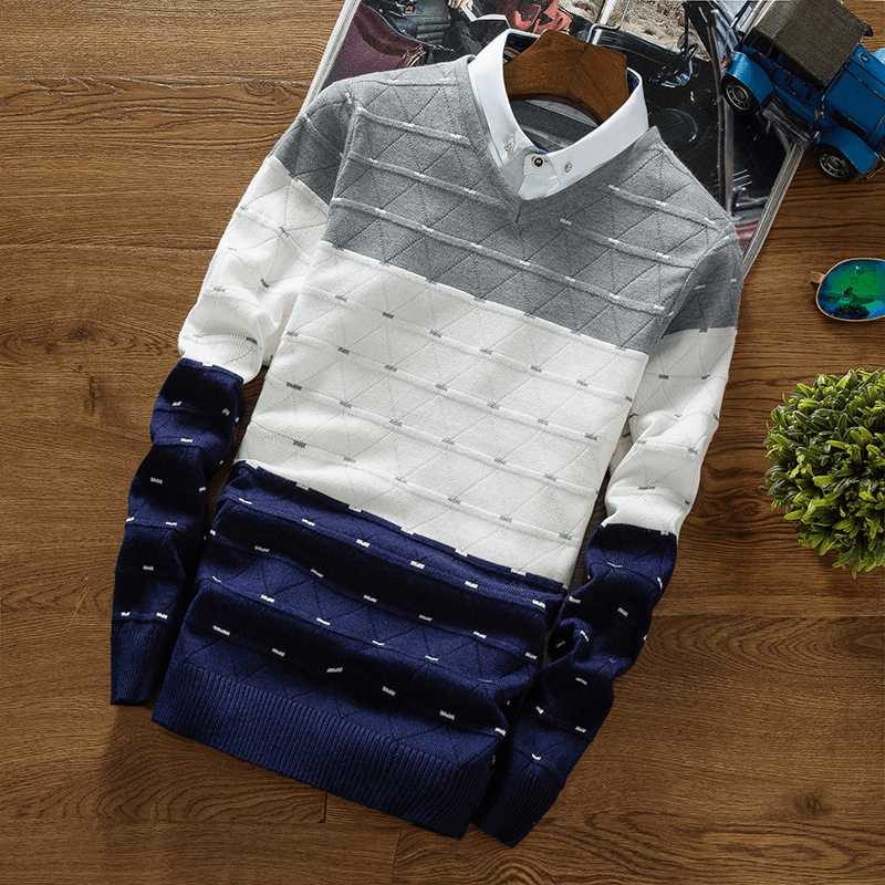 Men'S Knitted Sweater Fake Two-Piece Shirt Collar Sweater Men