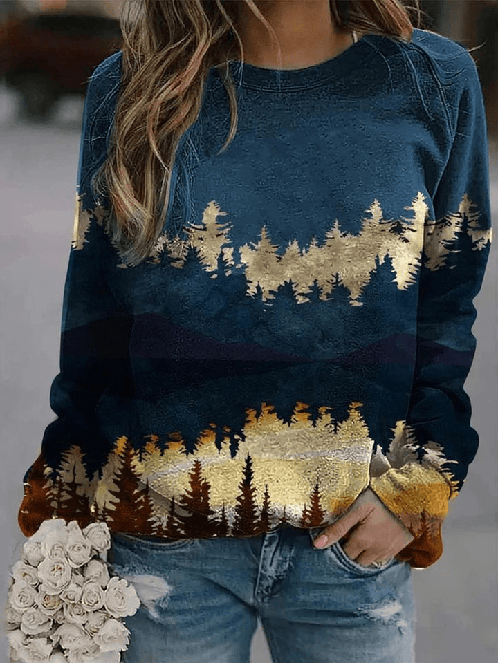 Women Landscape Print round Neck Pullover Casual Raglan Sleeve Sweatshirts - MRSLM