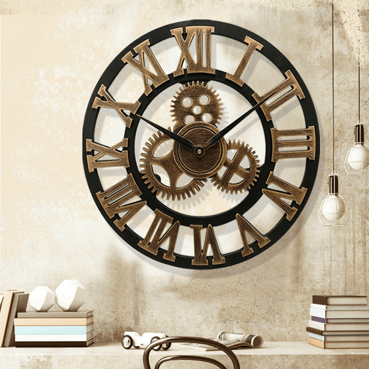 19 Inch Antique Roman Numerals Silent Wall Clock Rustic Wheel Gear Wooden Decor Clock - MRSLM